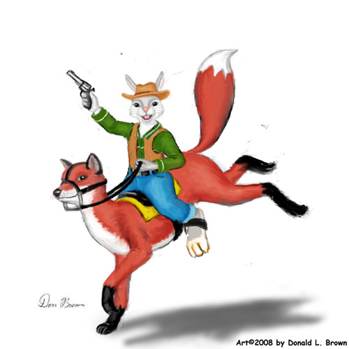 A rabbit uses a fox for a horse.