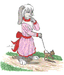 A cute bunny takes her little dog for a walk.