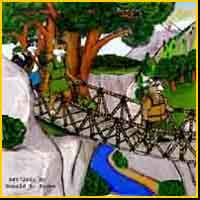 The three start across the shaky bridge.