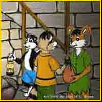 Tim hands Chip a bag of food.