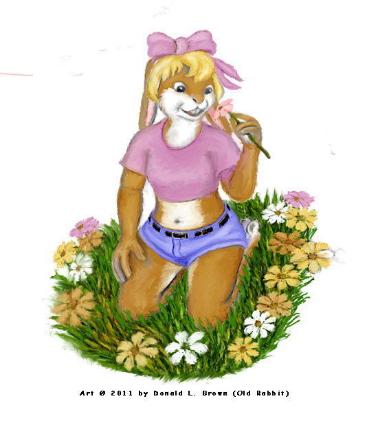 A cute rabbit girl smells the spring flowers.